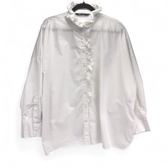 ZARA Victorian Frilled Oversized White Office Shirt Blouse Size L - Picture 3 of 8